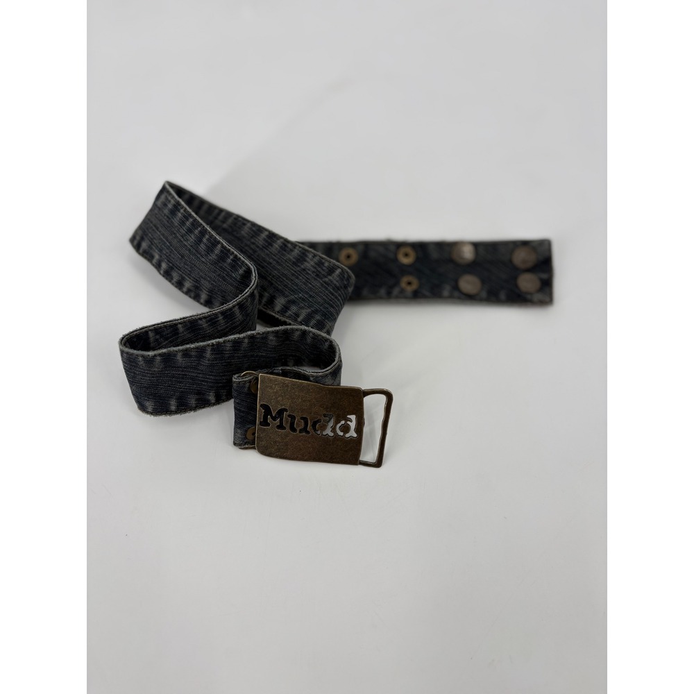 Vintage Mudd Denim Belt Y2K Faded Black Logo Plaque Buckle Snap Closure Indie
